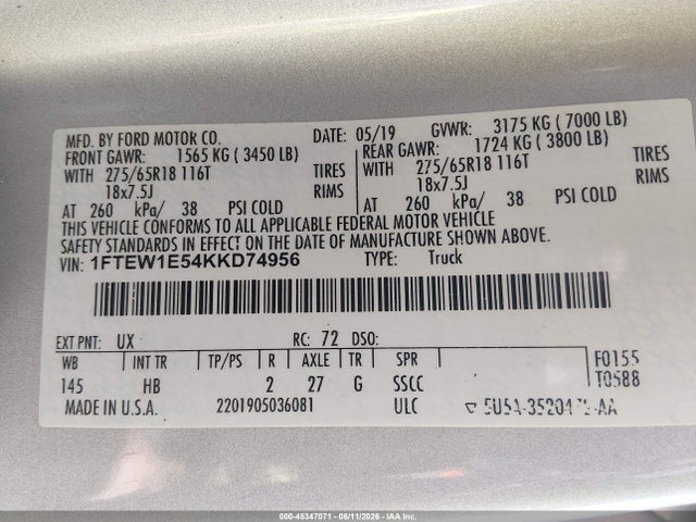 45347071 :رقم المزاد ، 1FTEW1E54KKD74956 vin ، 2019 Ford F-150 Lariat مزاد بيع