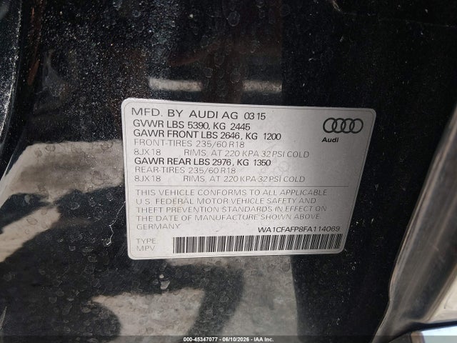 2015 Audi Q5 2.0t Premium მანქანა იყიდება აუქციონზე, vin: WA1CFAFP8FA114069, აუქციონის ნომერი: 45347077