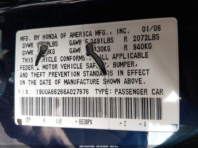 45347088 :رقم المزاد ، 19UUA66266A027976 vin ، 2006 Acura Tl مزاد بيع
