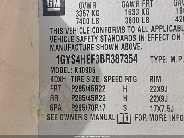 45347120 :رقم المزاد ، 1GYS4HEF3BR387354 vin ، 2011 Cadillac Escalade Esv Luxury مزاد بيع