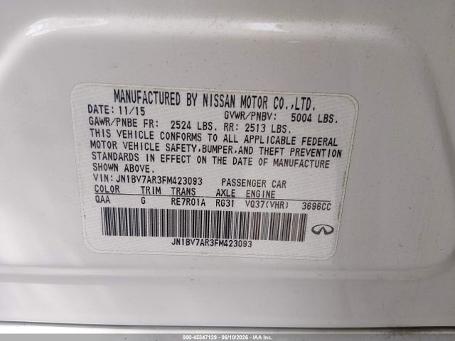 45347129 :رقم المزاد ، JN1BV7AR3FM423093 vin ، 2015 Infiniti Q50 Premium مزاد بيع