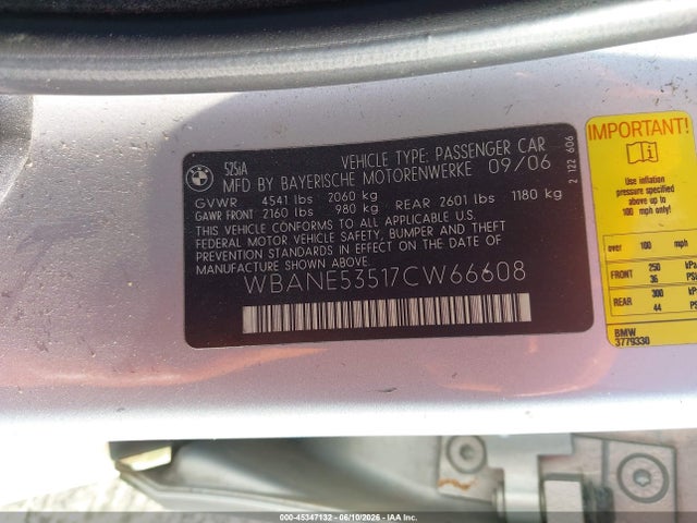 Продаж на аукціоні авто 2007 Bmw 525i, vin: WBANE53517CW66608, номер лоту: 45347132