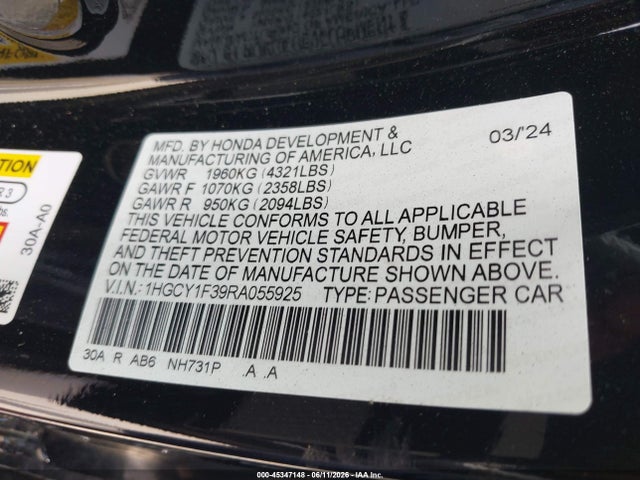 Aukcja sprzedaży 2024 Honda Accord Ex, vin: 1HGCY1F39RA055925, numer aukcji: 45347148