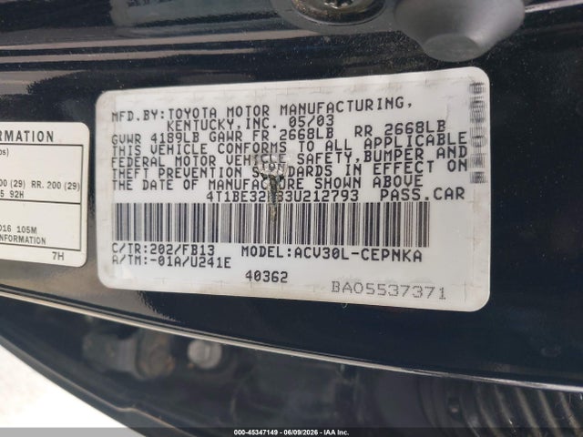 Aukcja sprzedaży 2003 Toyota Camry Le, vin: 4T1BE32K83U212793, numer aukcji: 45347149