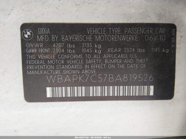 Продажа на аукционе авто 2011 Bmw 328i Xdrive, vin: WBAPK7C57BA819526, номер лота: 45347162
