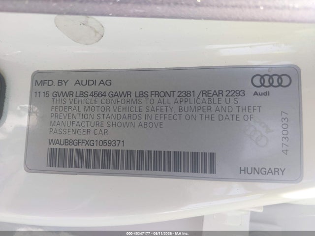 Aukcja sprzedaży 2016 Audi A3 2.0t Premium, vin: WAUB8GFFXG1059371, numer aukcji: 45347177