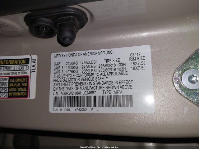 Продажа на аукционе авто 2017 Honda Cr-v, vin: 5J6RW2H84HL024687, номер лота: 45347190