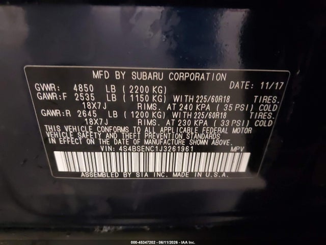 Aukcja sprzedaży 2018 Subaru Outback 3.6r Limited, vin: 4S4BSENC1J3261961, numer aukcji: 45347202