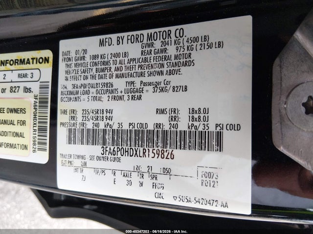 Auction sale of the 2020 Ford Fusion Se, vin: 3FA6P0HDXLR159826, lot number: 45347203