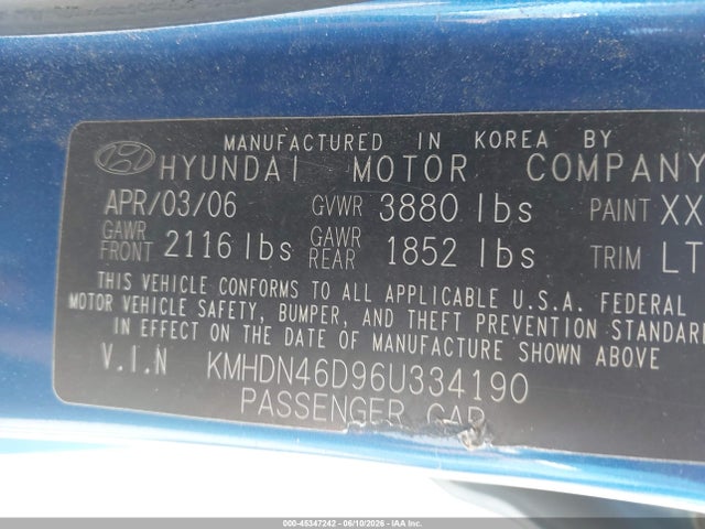 Продажа на аукционе авто 2006 Hyundai Elantra Gls/limited, vin: KMHDN46D96U334190, номер лота: 45347242