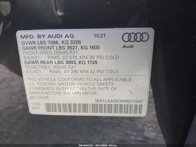 Aukcja sprzedaży 2022 Audi E-tron Premium Plus Quattro, vin: WA1LAAGEXNB012597, numer aukcji: 45347247