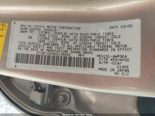 Aukcja sprzedaży 2002 Lexus Rx 300, vin: JTJGF10U920138609, numer aukcji: 45347253