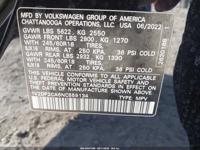 45347269 :رقم المزاد ، 1V2DP2CA6NC559134 vin ، 2022 Volkswagen Atlas 2.0t Se مزاد بيع