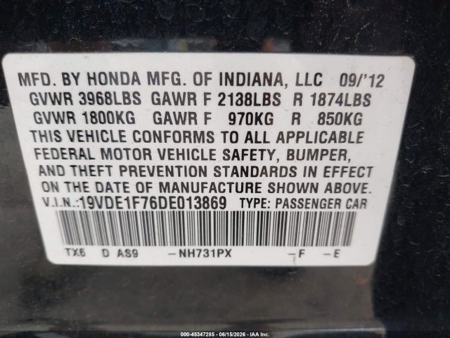 45347285 :رقم المزاد ، 19VDE1F76DE013869 vin ، 2013 Acura Ilx 2.0l مزاد بيع