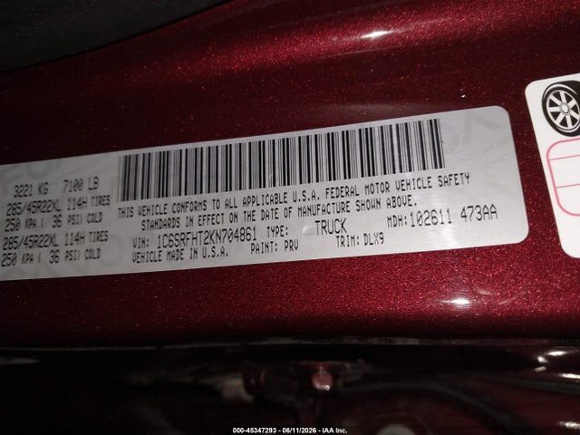 2019 Ram 1500 Limited  4x4 5'7 Box მანქანა იყიდება აუქციონზე, vin: 1C6SRFHT2KN704861, აუქციონის ნომერი: 45347293