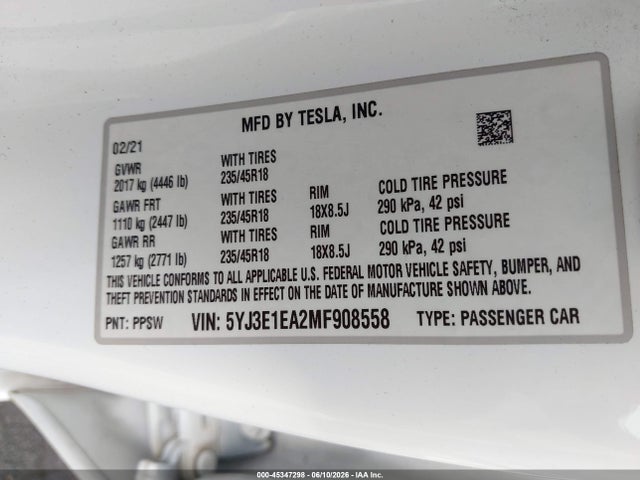 Продажа на аукционе авто 2021 Tesla Model 3 Standard Range Plus Rear-wheel Drive, vin: 5YJ3E1EA2MF908558, номер лота: 45347298