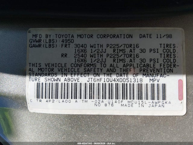 Aukcja sprzedaży 1999 Lexus Rx 300, vin: JT6HF10U4X0051318, numer aukcji: 45347302