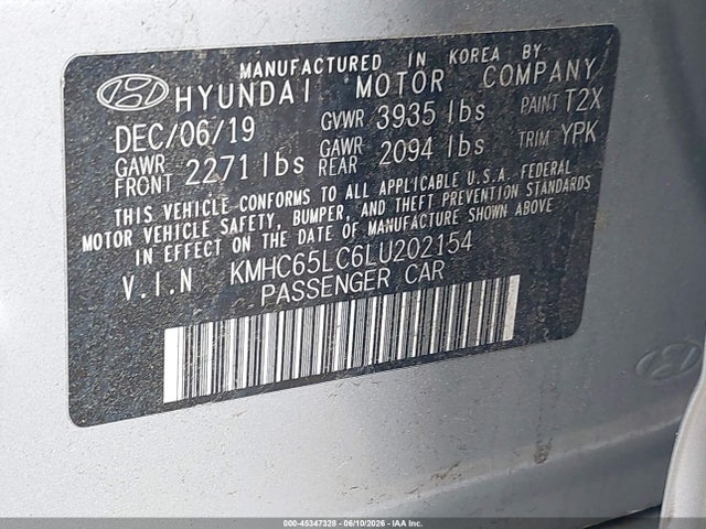 Продаж на аукціоні авто 2020 Hyundai Ioniq Hybrid Blue, vin: KMHC65LC6LU202154, номер лоту: 45347328