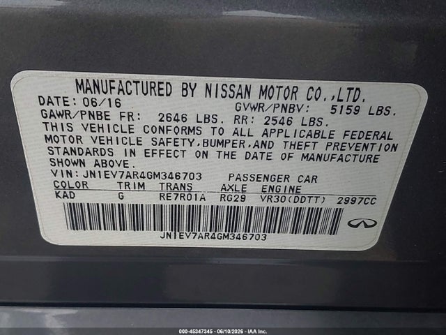 Продажа на аукционе авто 2016 Infiniti Q50, vin: JN1EV7AR4GM346703, номер лота: 45347345