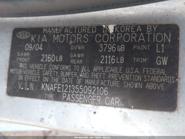 45347351 :رقم المزاد ، KNAFE121355092106 vin ، 2005 Kia Spectra Ex/lx/sx مزاد بيع