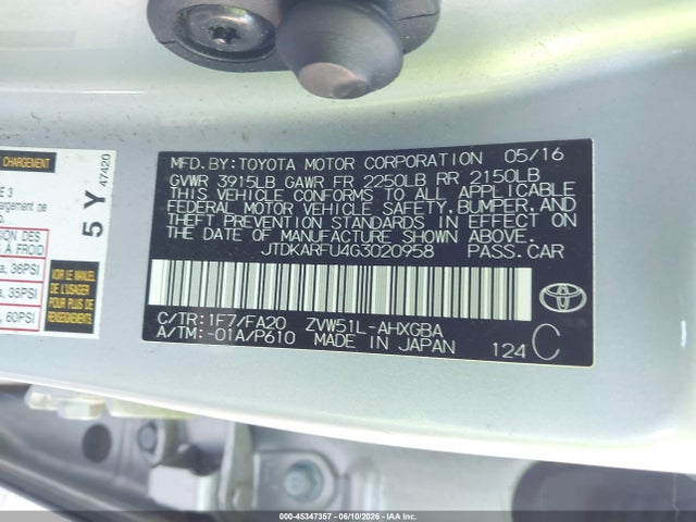 Toyota Prius Three 2016 JTDKARFU4G3020958 Image 9