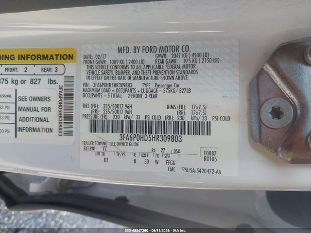 Ford FUSION SE 2017 3FA6P0HD5HR309803 Image 9
