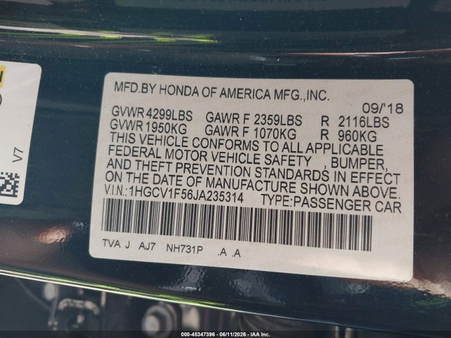 Auction sale of the 2018 Honda Accord Ex-l, vin: 1HGCV1F56JA235314, lot number: 45347396