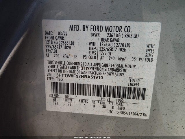 45347397 :رقم المزاد ، 3FTTW8F97NRA51910 vin ، 2022 Ford Maverick Xlt مزاد بيع