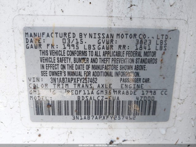 Продаж на аукціоні авто 2015 Nissan Sentra S, vin: 3N1AB7APXFY257462, номер лоту: 45347399