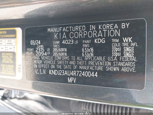 45347413 :رقم المزاد ، KNDJ23AU4R7240044 vin ، 2024 Kia Soul Lx مزاد بيع