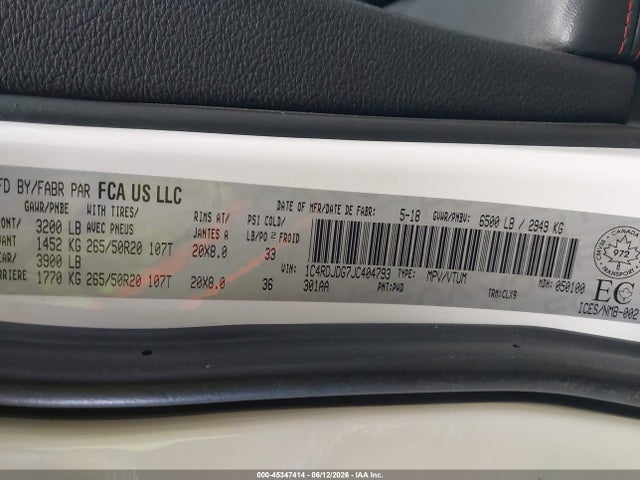 Aukcja sprzedaży 2018 Dodge Durango Gt, vin: 1C4RDJDG7JC404793, numer aukcji: 45347414