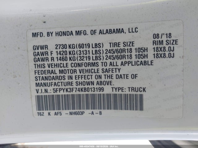 Honda Ridgeline Rtl-e 2019 5FPYK3F74KB013199 Image 9