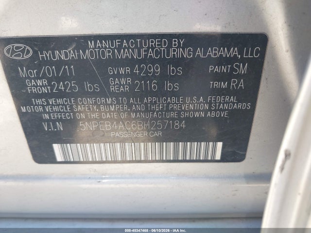 2011 Hyundai Sonata Gls მანქანა იყიდება აუქციონზე, vin: 5NPEB4AC6BH257184, აუქციონის ნომერი: 45347468