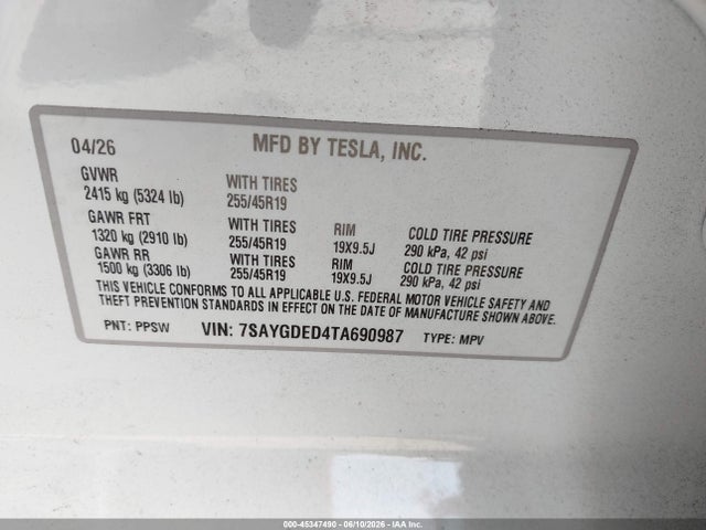 45347490 :رقم المزاد ، 7SAYGDED4TA690987 vin ، 2026 Tesla Model Y Premium Rear-wheel Drive/rear-wheel Drive مزاد بيع