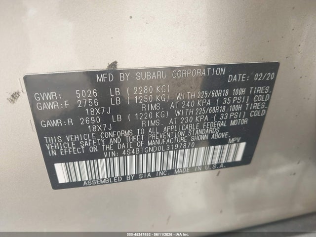 Продаж на аукціоні авто 2020 Subaru Outback Limited Xt, vin: 4S4BTGND0L3197870, номер лоту: 45347492
