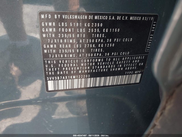 Продажа на аукционе авто 2019 Volkswagen Tiguan 2.0t Se/2.0t Sel/2.0t Sel R-line/2.0t Sel R-line Black, vin: 3VV3B7AX1KM122203, номер лота: 45347497