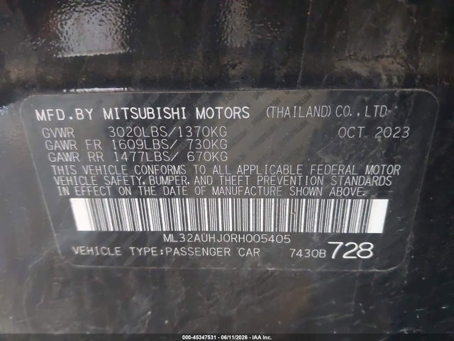 45347531 :رقم المزاد ، ML32AUHJ0RH005405 vin ، 2024 Mitsubishi Mirage Es مزاد بيع