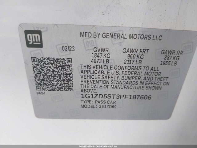 Aukcja sprzedaży 2023 Chevrolet Malibu Fwd 1lt, vin: 1G1ZD5ST3PF187606, numer aukcji: 45347543