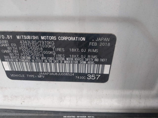 2018 Mitsubishi Outlander Sport 2.0 Le მანქანა იყიდება აუქციონზე, vin: JA4AP3AU8JU006524, აუქციონის ნომერი: 45347562