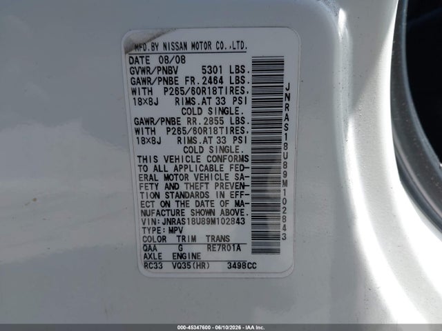 Продажа на аукционе авто 2009 Infiniti Fx35, vin: JNRAS18U89m102843, номер лота: 45347600
