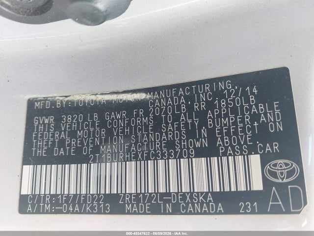2T1BURHEXFC333709 Toyota Corolla S