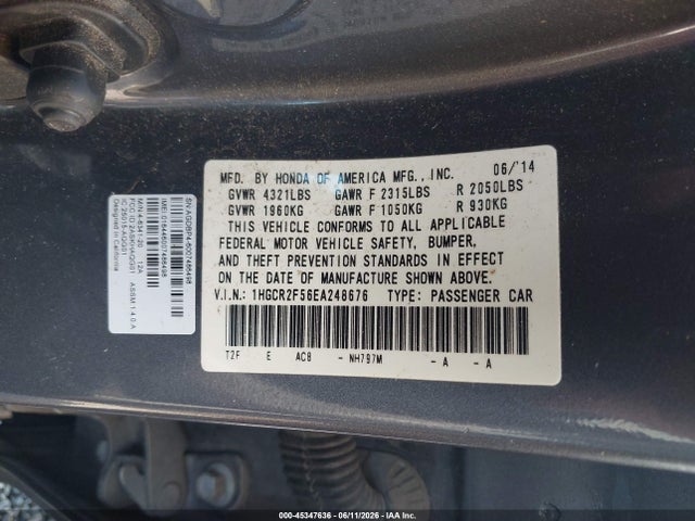 2014 Honda Accord Sport მანქანა იყიდება აუქციონზე, vin: 1HGCR2F56EA248676, აუქციონის ნომერი: 45347636