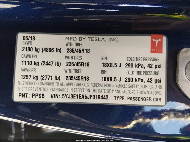 5YJ3E1EA5JF019443 Tesla Model 3 Long Range/mid Range