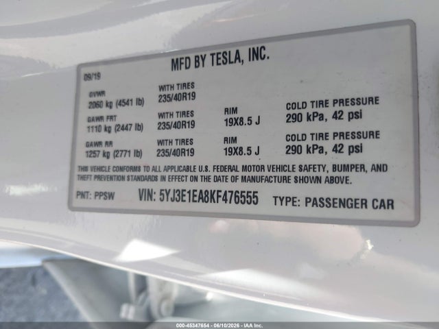 Tesla Model 3 Long Range/mid Range/standard Range/standard Range Plus 2019 5YJ3E1EA8KF476555 Image 9