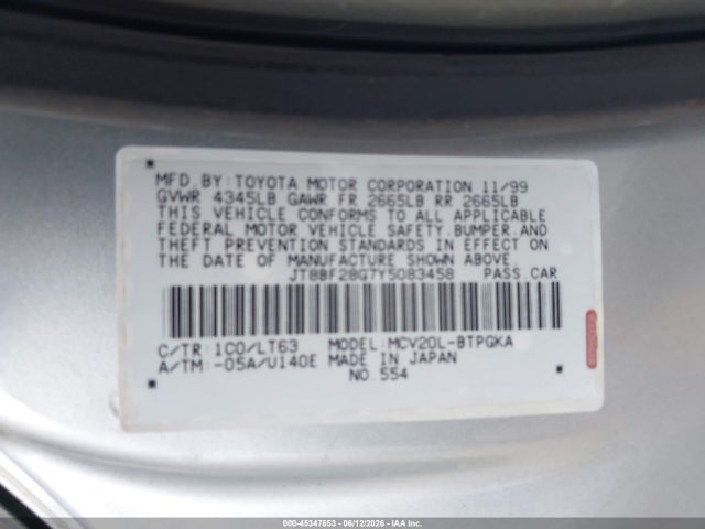45347653 :رقم المزاد ، JT8BF28G7Y5083458 vin ، 2000 Lexus Es 300 مزاد بيع