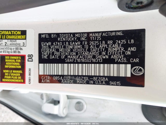Продаж на аукціоні авто 2025 Lexus Es 350 Ultra Luxury, vin: 58AFZ1B18SU218313, номер лоту: 45347673