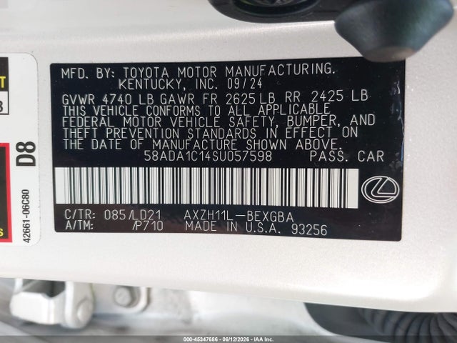 Aukcja sprzedaży 2025 Lexus Es 300h, vin: 58ADA1C14SU057598, numer aukcji: 45347686