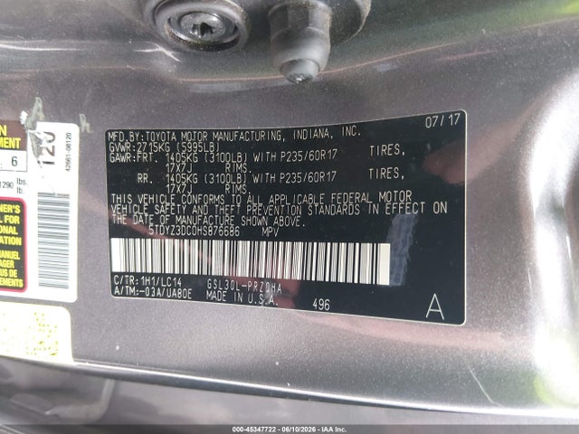 45347722 :رقم المزاد ، 5TDYZ3DC0HS876686 vin ، 2017 Toyota Sienna Xle 8 Passenger مزاد بيع
