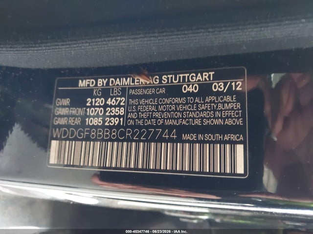 45347746 :رقم المزاد ، WDDGF8BB8CR227744 vin ، 2012 Mercedes-benz C 300 Sport 4matic مزاد بيع