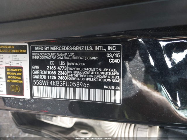 45347765 :رقم المزاد ، 55SWF4KB3FU058966 vin ، 2015 Mercedes-benz C 300 4matic مزاد بيع